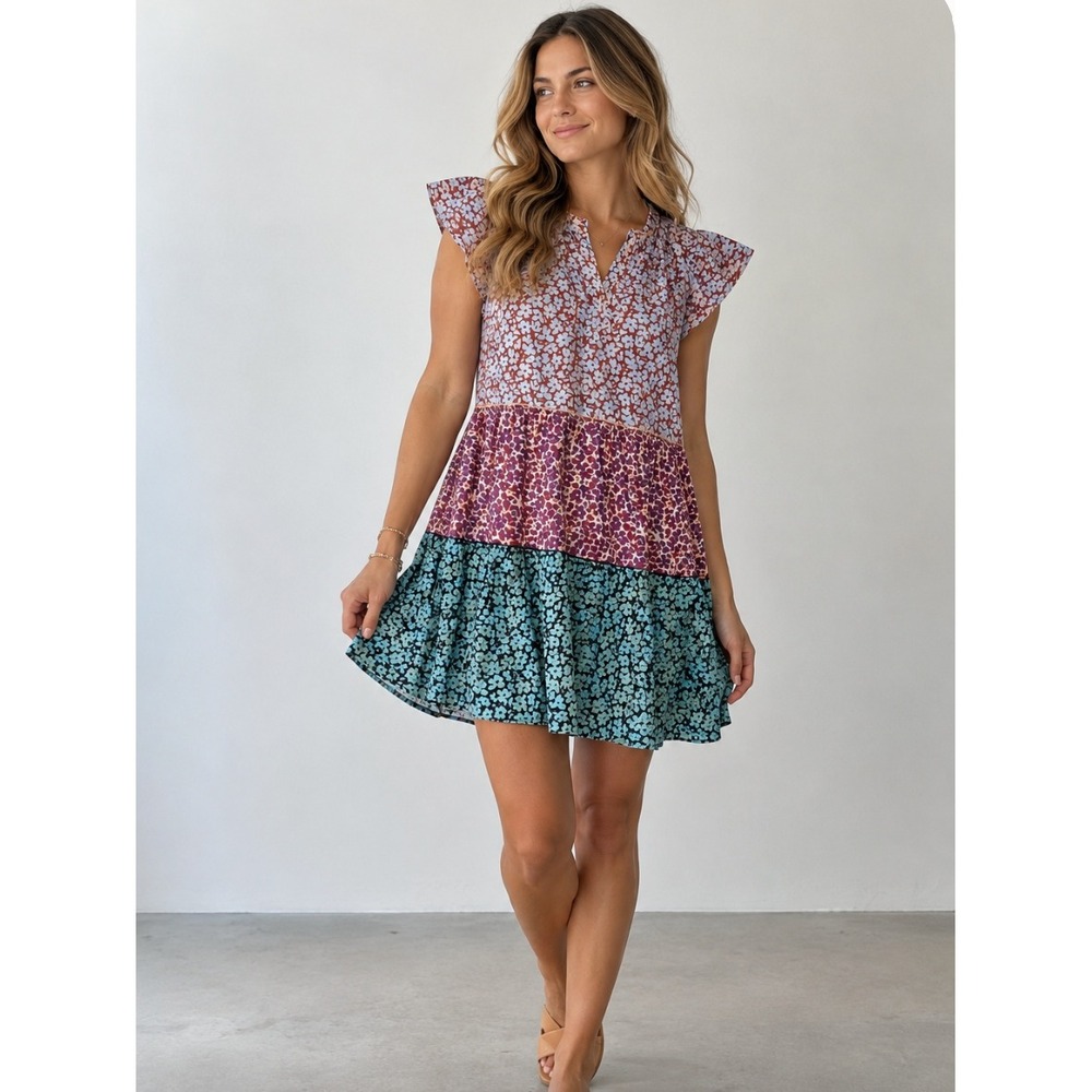 Anthropologie Penrose Tiered Tunic Dress Size S Floral Mini Flutter Sleeve Boho
